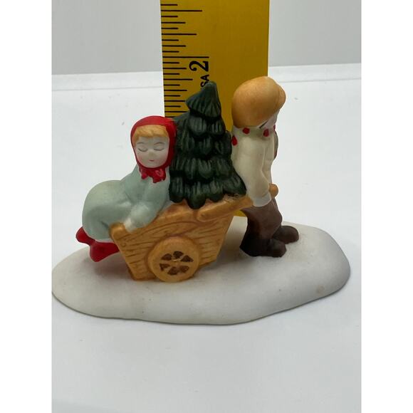 Christmas Village Figures Children Carrying Christmas Tree Wheelbarrow Boy Girl - Picture 5 of 6